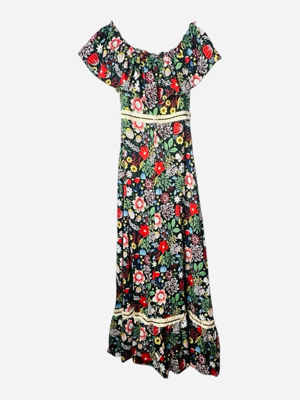 ModCloth Traffic People 60s Floral Fringe Maxi Dress Size XS NEW - Picture 15 of 16